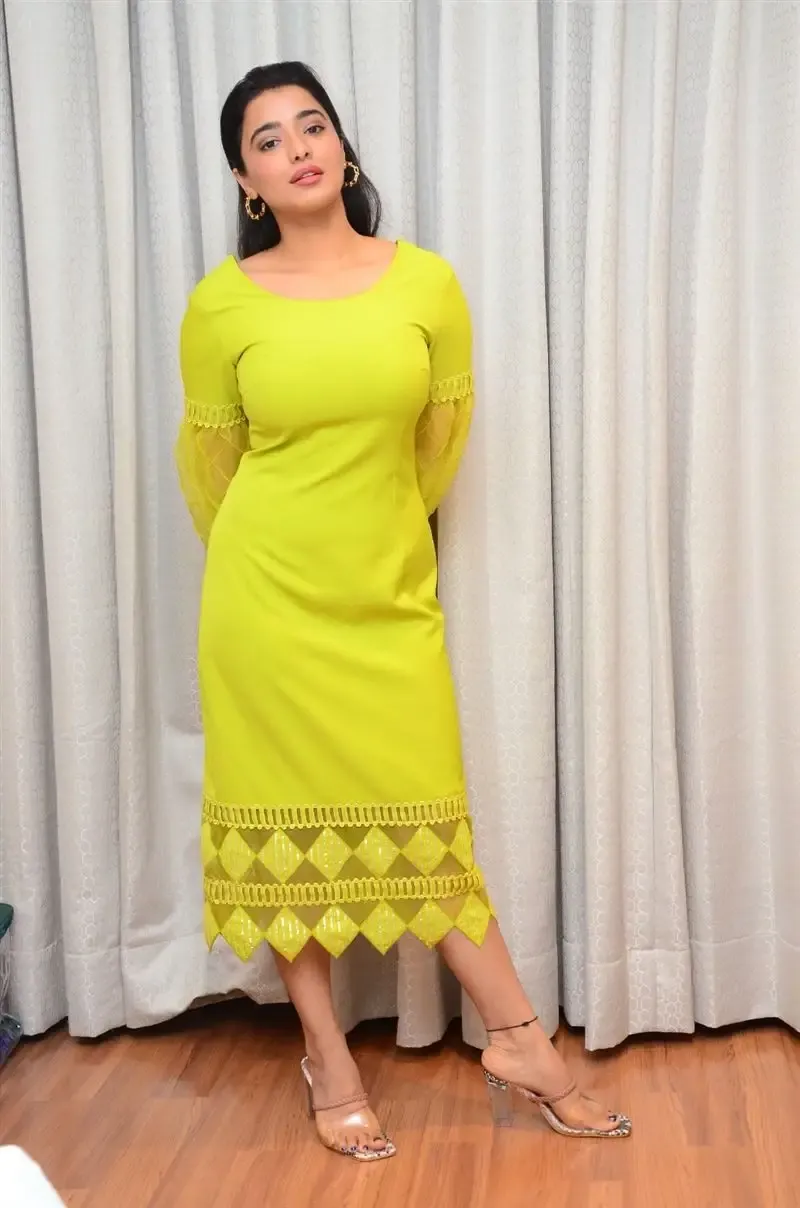 TOLLYWOOD ACTRESS KETIKA SHARMA IN LIGHT GREEN YELLOW DRESS 2